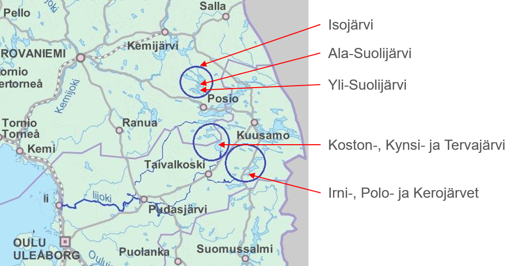 Kartta: PVO-Vesivoiman pohjoisen järvisäännöstelyt